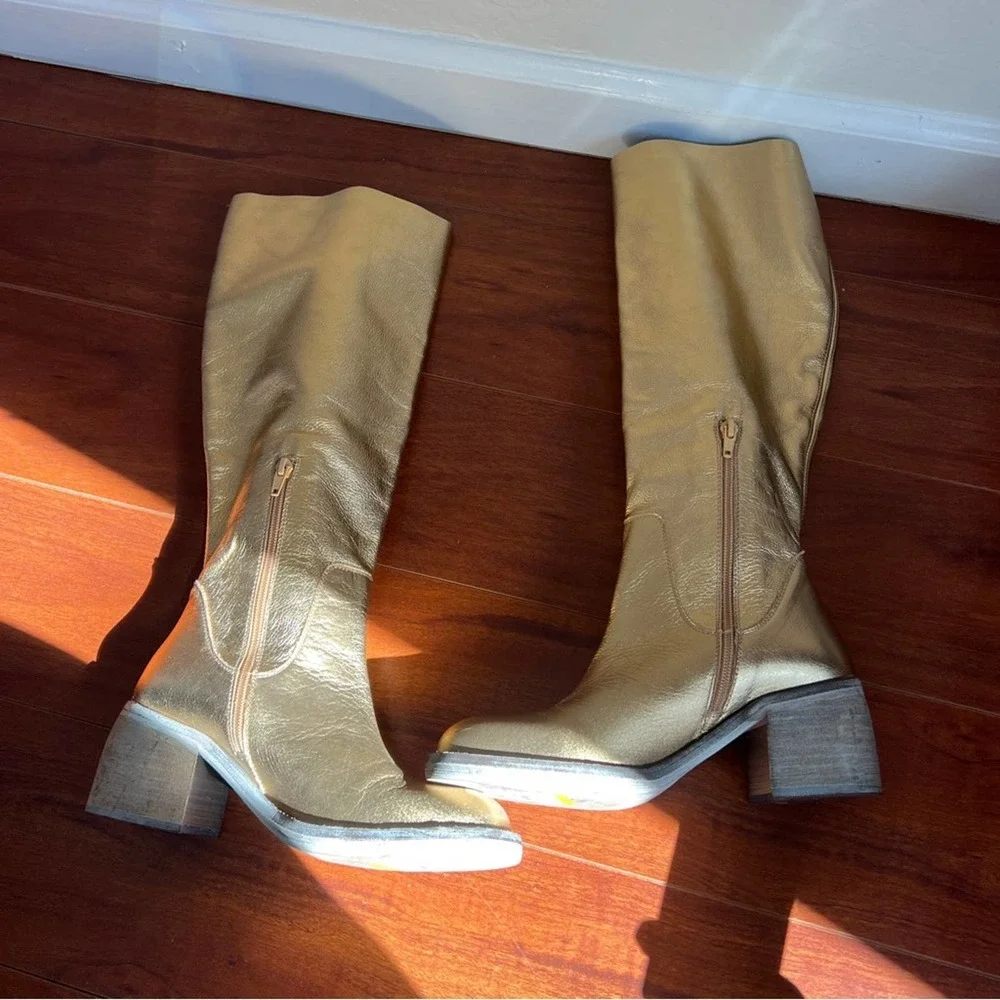 Free People Gold Essential Slouch Knee High Block Heel Boots Womens 37 - Picture 10 of 13